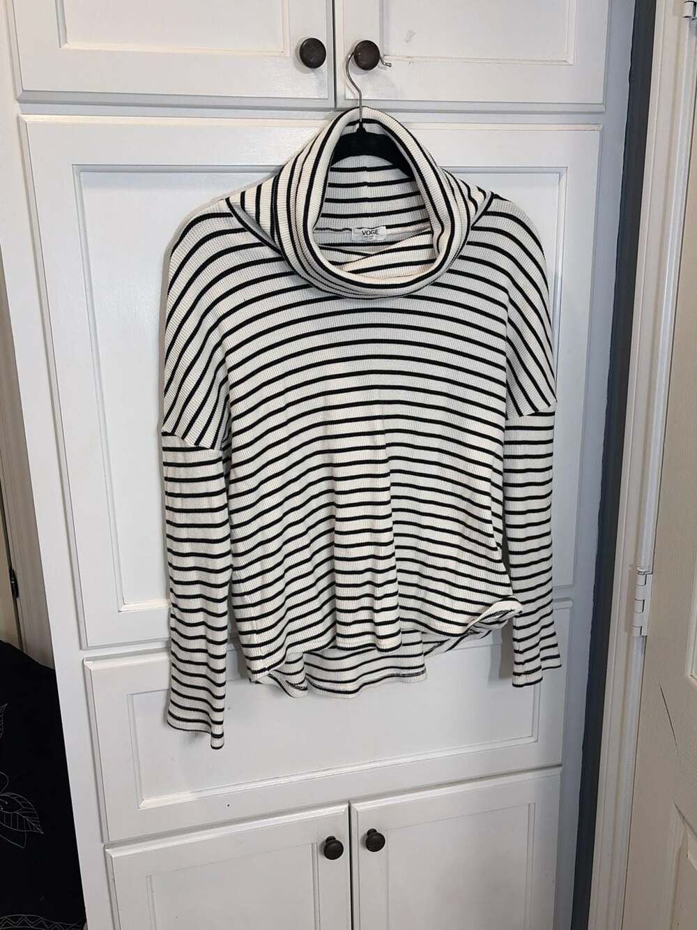 Nautical classic Voge Striped Waffle Knit Cowl Neck Tunic Top - M